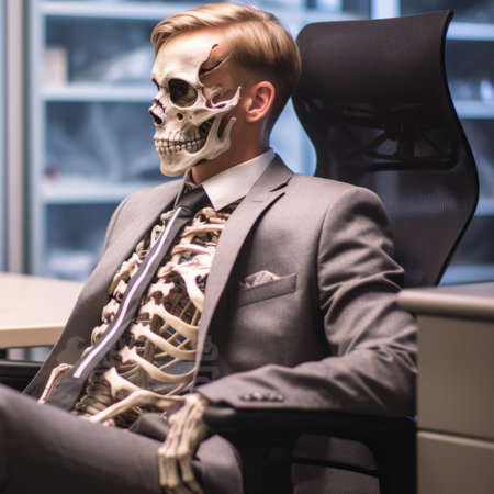 a man in a suit sitting in a chair with a skeletonの素材