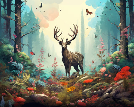 a painting of a deer in a forest with flowers and butterfliesの素材