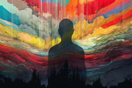 a painting of a man standing in front of a colorful skyの素材