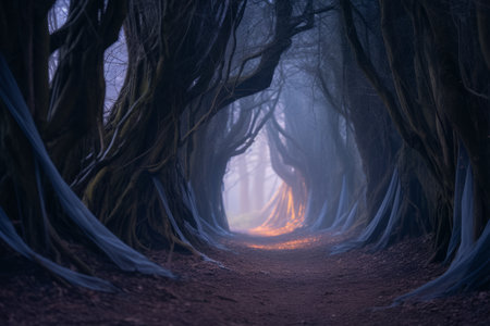 a path through a forest with trees and blue clothの素材