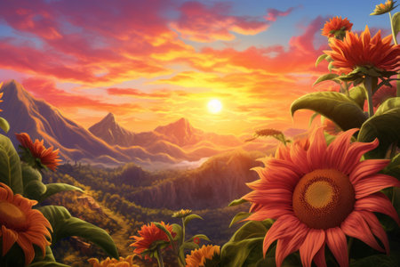 a painting of sunflowers and mountains at sunsetの素材