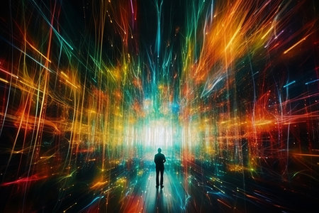 a person standing in the middle of a colorful light tunnelの素材