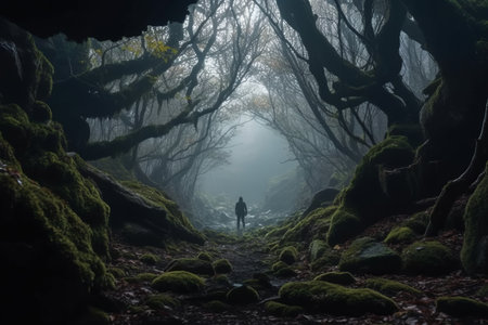a person standing in the middle of a dark forestの素材