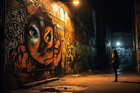 a person standing in an alley at night with graffiti on the wallの素材