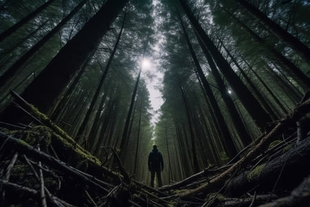 a person standing in the middle of a dark forestの素材