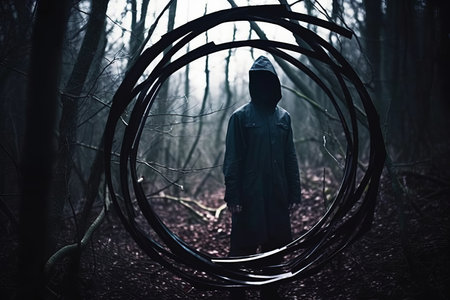 a person standing in the middle of a dark forestの素材