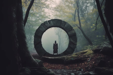 a person standing in front of a stone circle in the woodsの素材