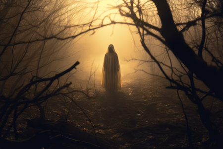 a person standing in the middle of a dark forestの素材