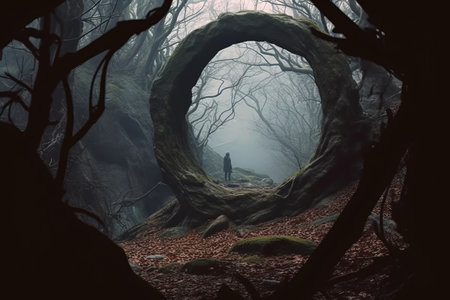a person standing in the middle of a dark forestの素材
