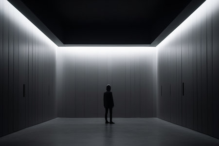a person standing in the middle of a dark roomの素材