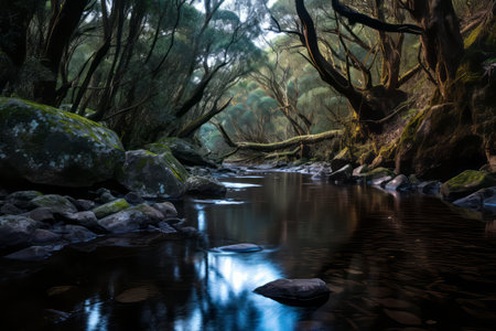 a river flowing through a forest with rocks and treesの素材