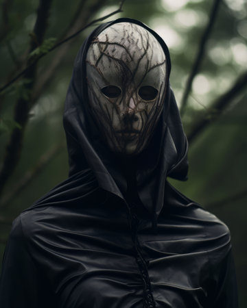 a person wearing a mask in the woodsの素材