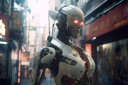 a robot standing in the middle of a city streetの素材