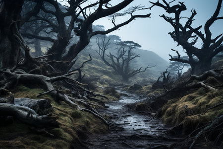 a stream runs through a forest with dead treesの素材