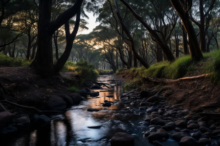 a stream runs through a forest at sunsetの素材