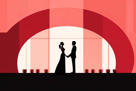 a silhouette of a bride and groom standing in front of a red archの素材