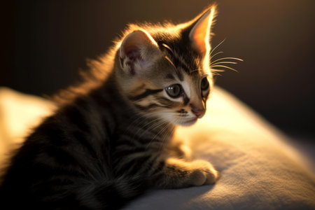 a small kitten sitting on a bed in the sunlightの素材