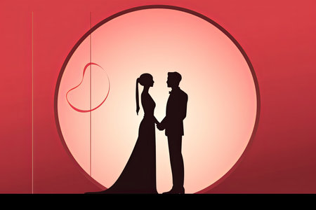 a silhouette of a bride and groom standing in front of a heartの素材