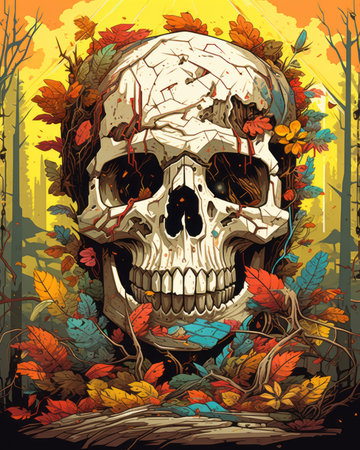 a skull surrounded by colorful leaves in a forestの素材