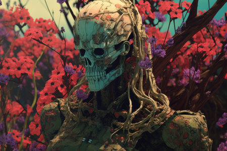 a skeleton is standing in a field of flowersの素材