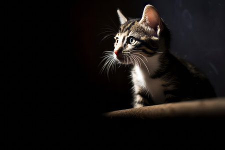 a small kitten sitting on a wooden ledge in the darkの素材