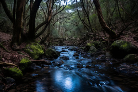 a stream runs through a forest with trees and rocksの素材