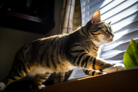 a striped cat standing on a window sillの素材