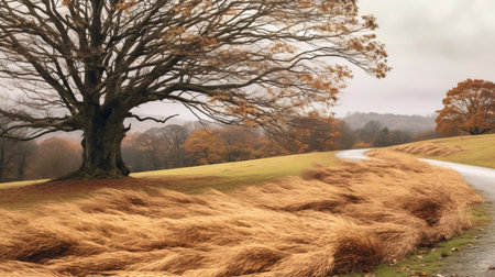 a tree is in the middle of a field next to a roadの素材
