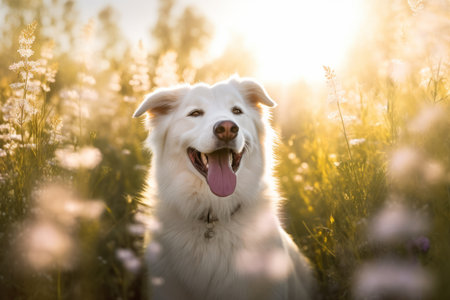 a white dog is sitting in a field of flowersの素材