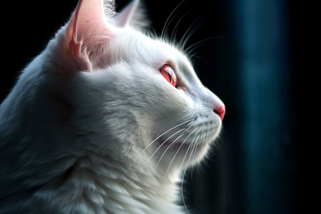 a white cat with red eyes looking out the windowの素材