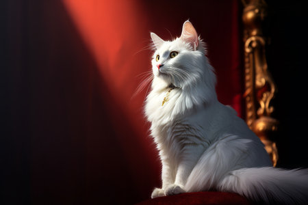 a white cat sitting on top of a red chairの素材