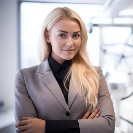 a woman in a business suit standing in front of a microscopeの素材