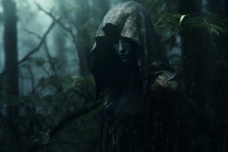 a woman in a hooded robe stands in the middle of a dark forestの素材