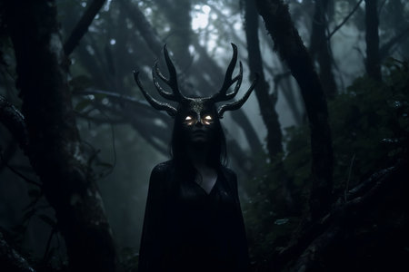 a woman in a forest with horns on her headの素材