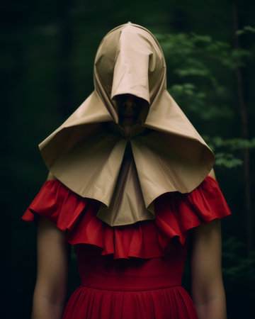 a woman in a red dress with a hood over her headの素材