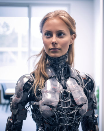 a woman in a robot suit standing in an officeの素材