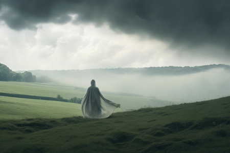a woman in a white dress standing in the middle of a fieldの素材