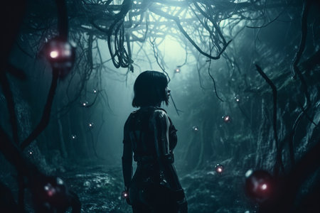 a woman standing in a dark forest at nightの素材