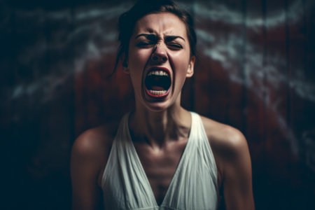 a woman screaming in front of a dark backgroundの素材