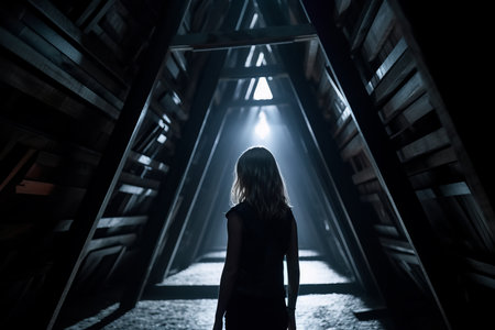a woman standing in a dark tunnel with light coming from the ceilingの素材