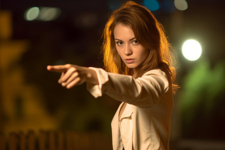 a woman pointing at something with her fingerの素材