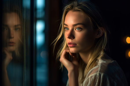 a woman looking out the window at nightの素材