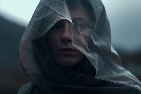 a woman with a veil covering her faceの素材