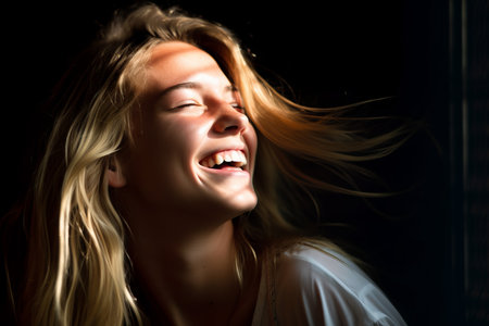 a woman with long blonde hair is laughingの素材