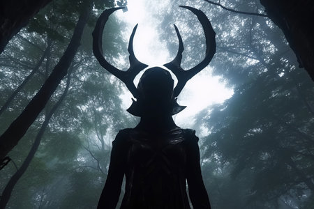 a woman with horns standing in the middle of a forestの素材