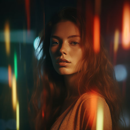 a woman with long hair in front of colorful lightsの素材
