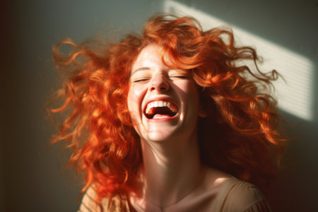 a woman with red curly hair laughingの素材