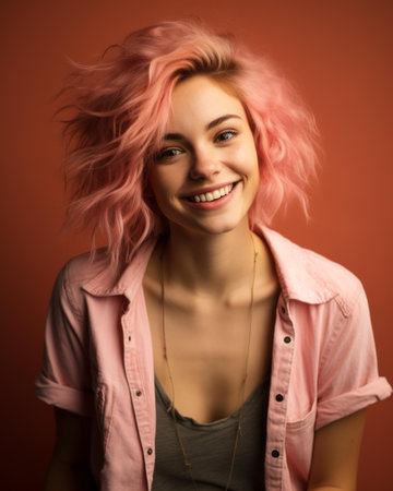 a woman with pink hair posing for the cameraの素材