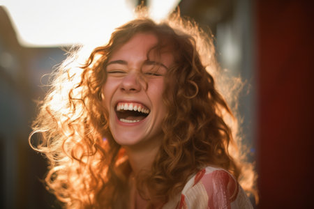 a woman with long curly hair is laughingの素材