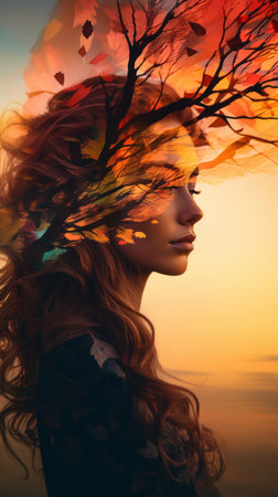 a woman with long red hair and leaves in her hairの素材